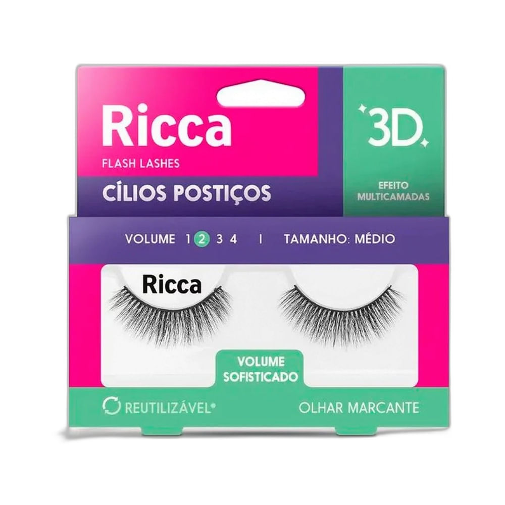 Imagem frontal do produto Cílios Postiços Ricca Efeito 3D Volume 02 Médio 403 em embalagem